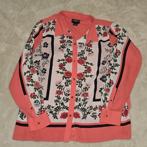 Liz Claiborne Tops - Liz Claiborne Career Floral Button Blouse Women’s Medium Long Sleeve Coral Black
